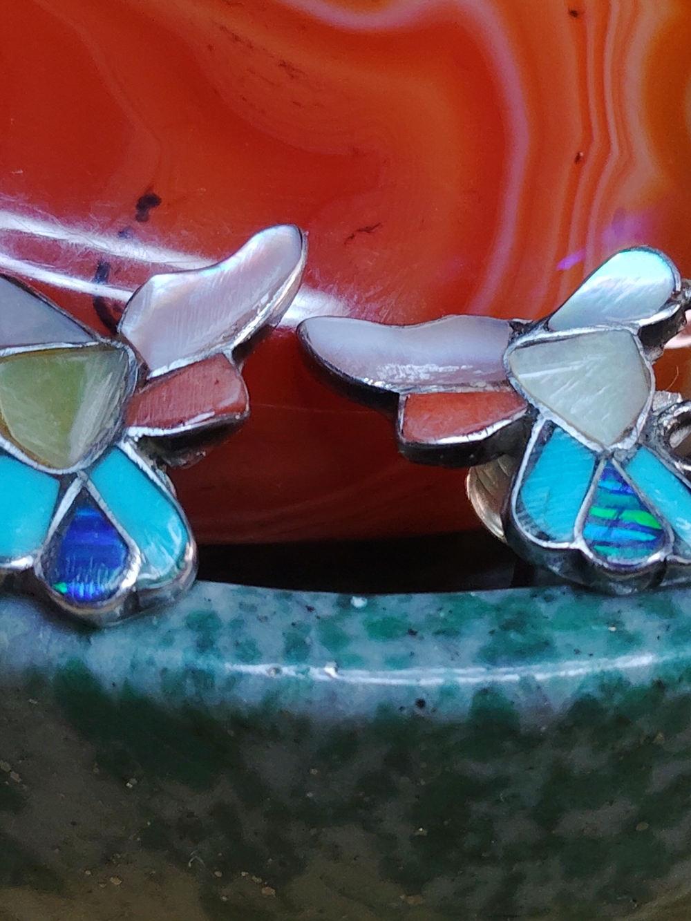 HUMMBIRD CORAL & TURQUOISE, INLAY STUD EARRINGS. STERLING, HYPOALLERGENIC- 1"-L